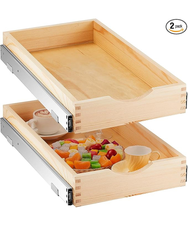 Menkxi 2 Set Pull out Tray Cabinet Organizer Wooden Pull Drawers storage Slide out Pantry Shelf for Base Cabinet Kitchen Gentle Close Fully Assembled Accessories(Wood Color,12'' X 21'' X 3")