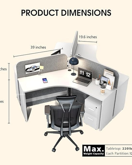 SAINTCY 3 Person Office Cubicle Desk Workstation with Drawers & Built-in Power Outlets, Adjustable Wall Partitions, Layouts for Startups and Modern Workspaces
