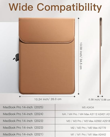 JETech Slim Laptop Sleeve for MacBook Pro 14-Inch(M5/M4/M3/M2/M1, 2021-2025), PU Leather Case with Magnetic Closure (Brown)