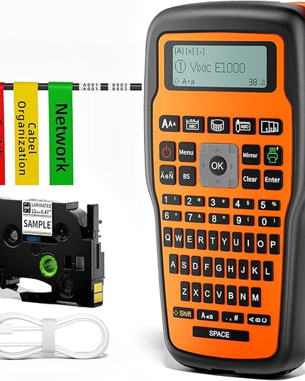 Vixic Industrial Label Maker, Heat Shrink-Labels Maker Waterproof-Labels for Cable Wire Network Office Labeling, E1000 Label Maker Machine with-Tape Electrician Label Makers Handheld Label Machine
