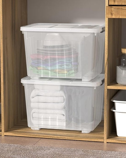 70 Quart 4 Pack Plastic Storage Bins with Latch Lids and Wheels, Clear Large Latching Storage Container