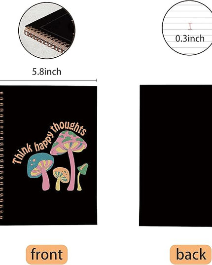 VNWEK Think Happy Thoughts Mental Health Retro Hippie Magic Mushroom Spiral Notebook Journal 5.5 x 8.3 inches,Motivational Lined Hardcover Spiral Notebook,Positive Gifts for Women Teen Girls