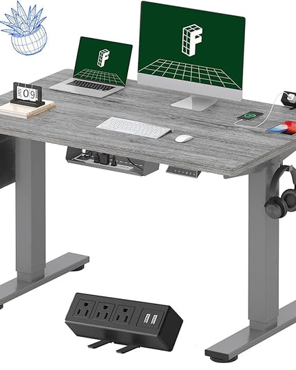FLEXISPOT EN2 Whole-Piece Standing Desk with Clamp Power Strip, 48 x 30 Electric Stand Up Height Adjustable Desk with Cable Management (Gray Frame + 48" Gray Wood Grain Desktop, 2 Packages)