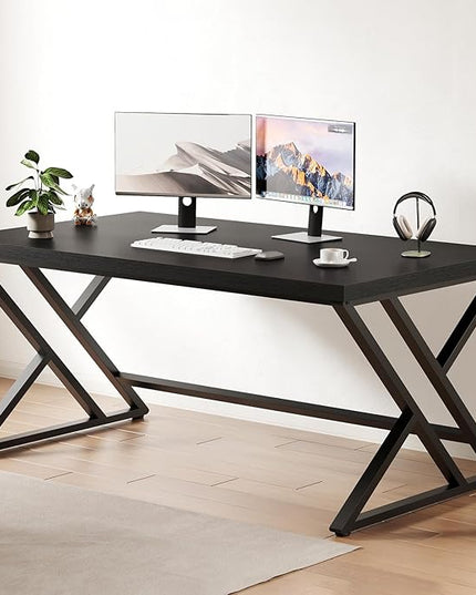 LVB Black Computer Desk, Modern Gaming PC Writing Desk for Home Office, Metal Computer Study Work Table for Bedroom, Industrial Executive Student Simple Workstation Desk, 55 in, Black Oak
