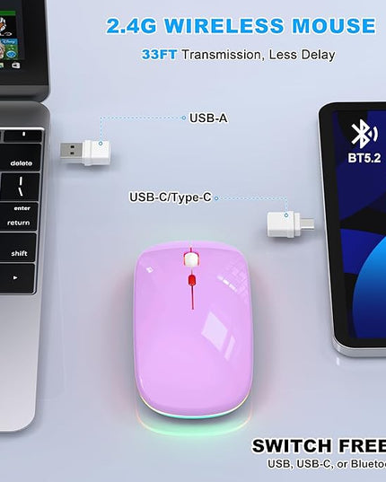 Azmall Bluetooth Wireless Mouse, Slim LED Rechargeable Silent Mouse with 2.4GHz USB-A/USB-C Receiver & Type-C Adapter, Compatible with Laptop, MacBook, iPad, iPad Pro,Mac,Tablet - Purple