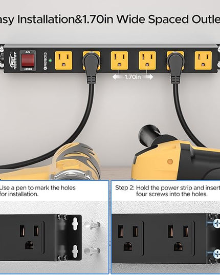 CRST 6 Outlet Surge Protector Power Strip 2100J with Switch, 15A/1875W Metal Heavy Duty Power Strip, Wide Spaced Wall Mount Power Bar for Garage Worshop Home School, 6 FT Cord（ Black+Yellow）