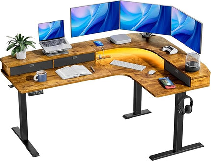HUANUO 65″ L-Shaped Standing Desk with Power Outlets & LED Strip, Electric Height Adjustable Corner Computer Desk, Sit Stand Up Desk with 3 Drawers, Vintage Brown