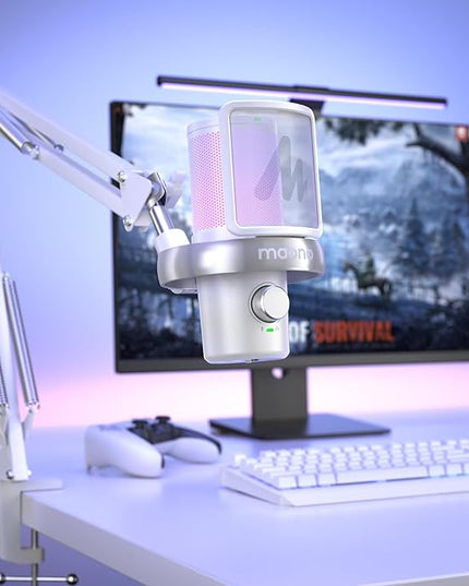 MAONO Boom Arm Microphone Stand: Adjustable Metal Suspension Mic Boom Arm for Podcasting Gaming Streaming Recording,with Desk Clamp and 3/8" to 5/8" Screw Adapter-Max Load 1KG BA20 White