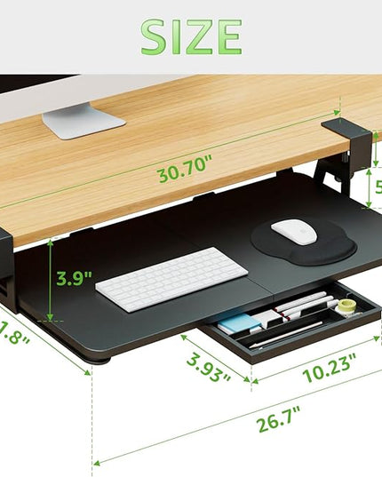 Desktop Keyboard Tray, Under Desk Pull Out, 26.77" X 11.81" Large Size Keyboard Tray with C-Clip Mount, Easy Installation, Computer Keyboard Stand, for Home Study and Office