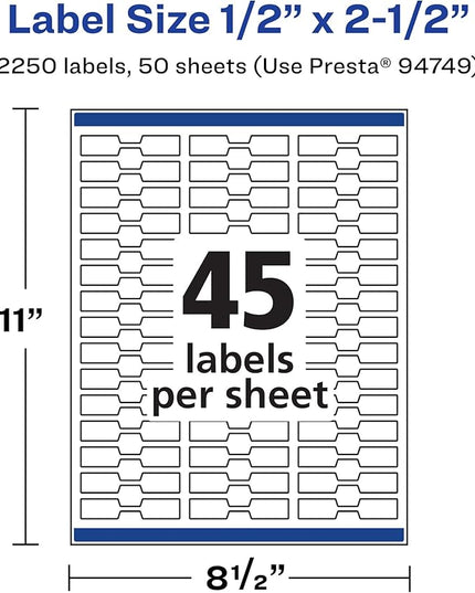 Avery Printable Durable White Barbell Labels, Sure Feed Technology, 0.5" x 2.5", Waterproof Labels, Laser & Pigment-Based Inkjet Compatible, 2250 Total