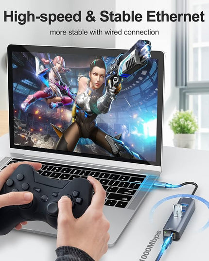 ABLEWE USB C to Ethernet Adapter, 4-in-1 RJ45 to USB-C/Thunderbolt 3 to Gigabit Ethernet LAN Network Adapter for MacBook Pro/Air 2023/2024, iPad Pro, iPhone 15/16 Pro/Max, Chromebook, XPS,Surface Book