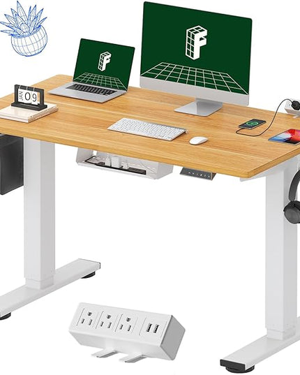 FLEXISPOT EN2 Whole-Piece Standing Desk with Clamp Power Strip, 48 x 24 Electric Stand Up Height Adjustable Desk with Cable Management (White Frame + 48" Maple Top)