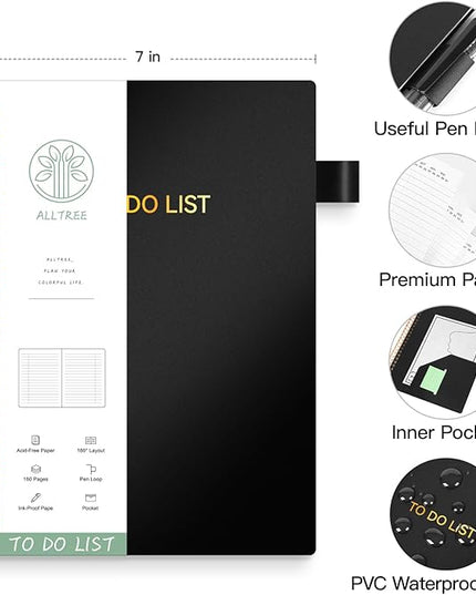To Do List Notebook for Work, Daily To Do List Planner, ALLTREE To Do List Notebook Spiral Planner, Work Planner with Pocket, Pen Loop, 160 Pages, Black (7"x10")