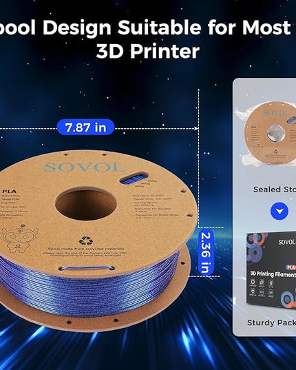 Sovol Silk PLA Filament with Blue Glitter 1kg 1.75mm, Color Changeable 3D Printer Filament 2.2lbs, Chameleon Shiny PLA Material +/-0.03mm, Shimmering 3D Printing Filament, Klein Blue