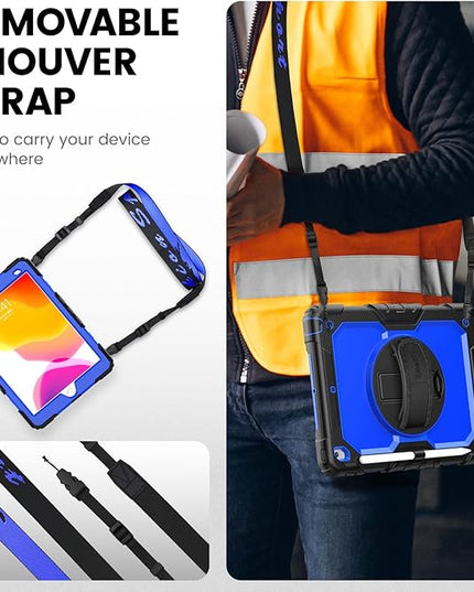 Timecity Case for iPad 9th/ 8th/ 7th Generation 10.2 inch - Heavy Duty Protective Cover with Screen Protector, Rotating Stand, Shoulder Strap & Pencil Holder | Kids-Friendly (Dark Blue)