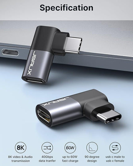 JSAUX 90 Degree USB C Male to Female Adapter 2-Pack, 40Gbps Data Transfer PD 100W Type C 3.1 Extender for Switch 2, Switch OLED, ROG Ally, Steam Deck, VR, MacBook, iPad, iPhone Air/17/16/15 and More