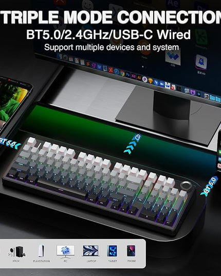 AULA F99 Pro Wireless Mechanical Keyboard with Knob,Gasket Structure,Tri-Mode BT5.0/USB-C/2.4GHz Hot Swappable Keyboard,Creamy Sound,RGB Backlit PBT Keycaps Computer Gaming Keyboards