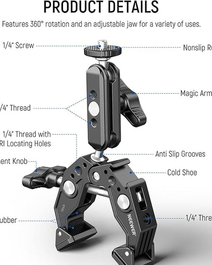 NEEWER Super Clamp with 3" Dual Ballhead Magic Arm, Cold Shoe, 1/4" Threads, Phone/Action Camera Mount Adapter for Desk Tripod Tube Crossbar Gimbal Rods Compatible with SmallRig GoPro DJI, ST83