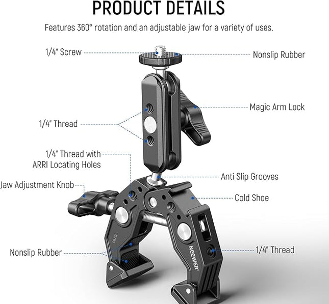 NEEWER Super Clamp with 3" Dual Ballhead Magic Arm, Cold Shoe, 1/4" Threads, Phone/Action Camera Mount Adapter for Desk Tripod Tube Crossbar Gimbal Rods Compatible with SmallRig GoPro DJI, ST83