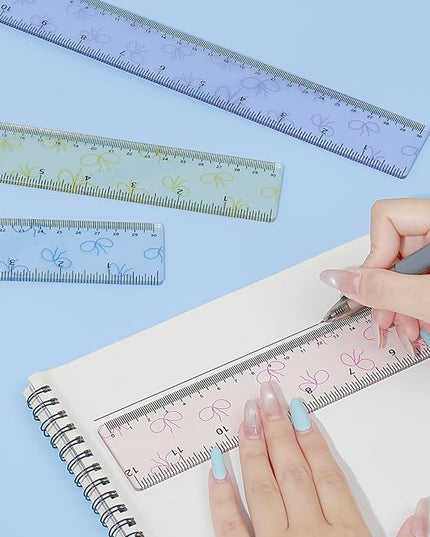BAYTORY 4Pcs Transparent Acrylic Ruler 12 Inch, Clear Plastic Straight Rulers, Shatterproof Student Stationery Centimeters with Inches, for Classroom Essentials School Supplies (Bowknot)