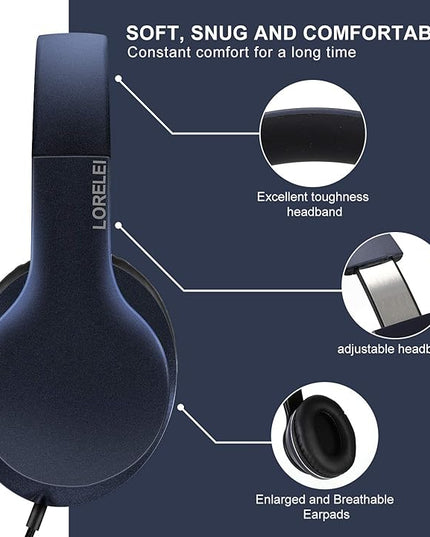 LORELEI X6 Over-Ear Headphones with Microphone, Lightweight Foldable & Portable Stereo Bass Headphones with 1.45M No-Tangle, Wired Headphones for Smartphone Tablet MP3 / 4 (Dark Blue)