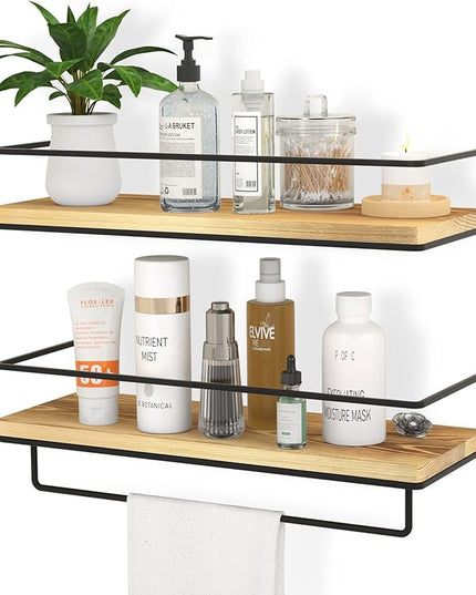 ZGO Floating Shelves for Wall Set of 2, Wall Mounted Storage Shelves with Metal Frame and Towel Rack for Bathroom, Kitchen, Bedroom(Wood)