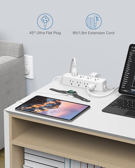 30W USB C Power Strip Surge Protector,Ultra Thin Flat Plug Power Strip 4 Side 12 Outlets,PD Fast Charing,2 USB-C, 2 USB-A(4 USB Total 40W),6ft Slim Extension Cord,16 in 1 Desk Power Bar,1200J White