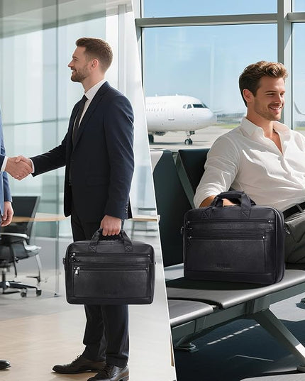 Masa Kawa Men’s Leather Briefcase for 16" Laptop Waterproof Crossbody Shoulder Messenger Bag Computer Attache Case for Business Travel Work, Black