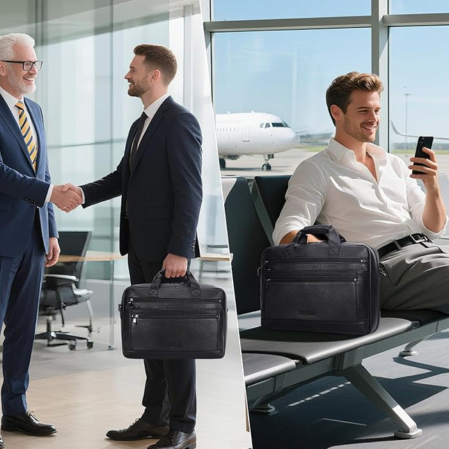 Masa Kawa Men’s Leather Briefcase for 16" Laptop Waterproof Crossbody Shoulder Messenger Bag Computer Attache Case for Business Travel Work, Black