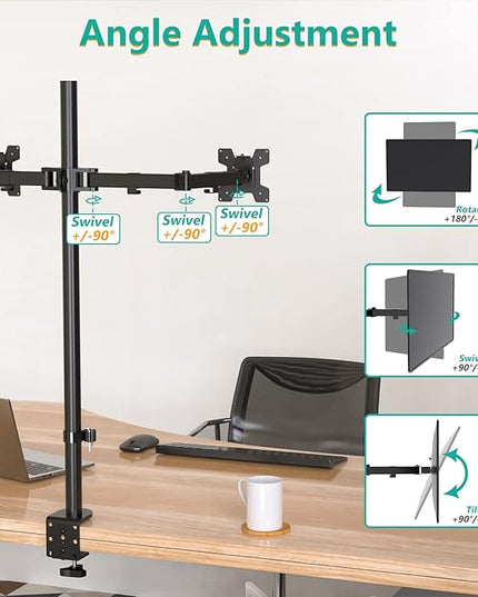 WALI Extra Tall Dual LCD Monitor Fully Adjustable Desk Mount Fits 2 Screens up to 27 inch, 22 lbs. Weight Capacity per Arm (M002XL), Black
