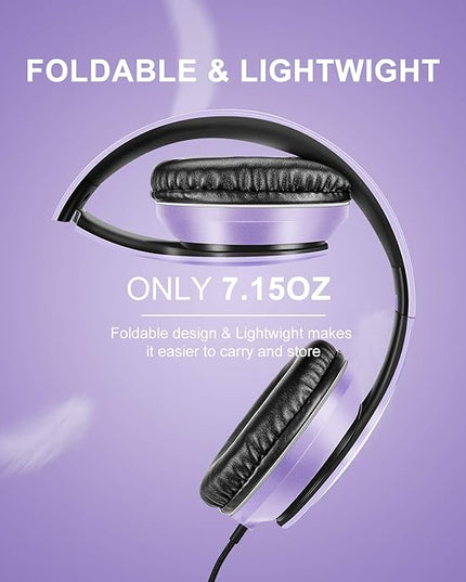 Lorelei X6 Over-Ear Headphones with Microphone, Purple-Black Lightweight Foldable & Portable Stereo Bass, Wired for Smartphone & Tablet, MP3 (1.45M No-Tangle)