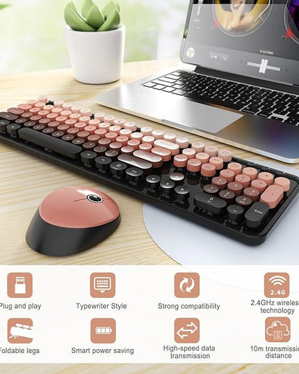 Wireless Keyboard and Mouse Combo, Ergonomic Full Size Typewriter Retro Round Keycaps Keyboard, Compatible with Windows, PC, Perfer for Home and Office Keyboards (Aurora Red)