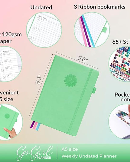 GoGirl Planner and Organizer for Women – A5 Size Weekly Planner, Goals Journal & Agenda to Improve Time Management, Productivity & Live Happier. Undated – Start Anytime, Lasts 1 Year – Mint Green