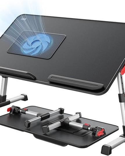 Laptop Desk for Bed with Cooling Fan, SAIJI Height & Angle Adjustable Laptop Stand for Bed, Lap Desk Tray Table, Lightweight Foldable Portable Computer Table for Couch Sofa Chair Floor Desk (Black)
