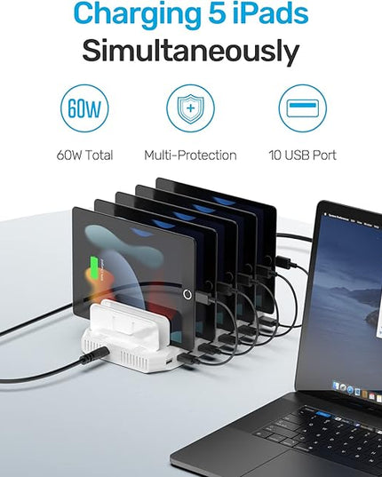 Unitek Multi Charging Station, 10-Port USB Charger for Multiple Device with SmartIC Tech and Adjustable Dividers, Organizer Stand Compatible with iPad, Tablet, Kindle, iPhone