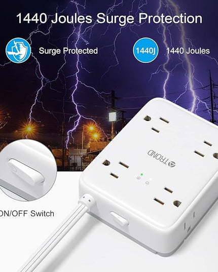 TROND Surge Protector Power Strip with USB, Ultra Thin Flat Plug 5ft Extension Cord 1625W, 3 USB A & 1 USB C, 8AC Outlets 1440J Surge Protection Wall Mount for Home Office Dorm Room Essentials, White