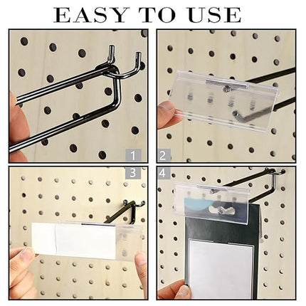 Tandefio 100 Pack 8 Inch Black Metal Peg Board Hooks with Clear Plastic Label Holder Stainless Steel Display Pegboard Hooks for 1/8'' to 1/4'' Pegboard Wall for Garage Storage Retail Shop Supplies