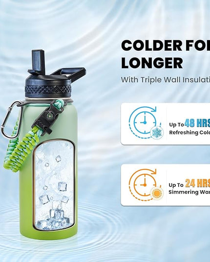Insulated Water Bottle 32 oz, Triple Wall Vacuum Stainless Steel (Cold for 48 Hrs), Leak Proof & Non-BPA, Modern Water Flask Jug with Paracord Handle & Straw Spout Lids, Ombre Green