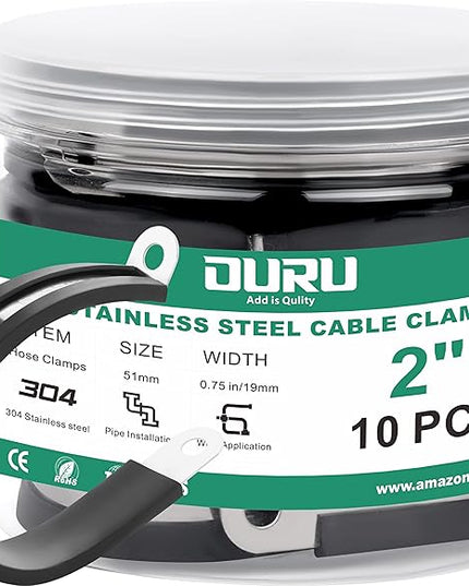 OURU 10pcs 2 Inch Stainless Steel Cable Clamps,Rubber Coated Cushioned Insulated Cable Clamp,Automotive Cable Wire Clamps,Pipe Clamps,Metal Clamp for Tube,Lines,Wire Cord Installation(Black,51mm)
