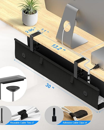 Under Desk Cable Management Tray, 30-inch No-Drill Cord Organizer with Anti-Sag Reinforced Base, Fabric Wire Management Hider for Standing Desk, Office & Gaming Accessories - Black
