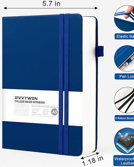 Lined Journal Notebook for Women Men, 352 Pages A5(5.7" x 8.3")College Ruled Hardcover Leather Journals for Writing, Daily Journal Notebooks for Work, Note Taking, Travel, School, Business (Navy blue)