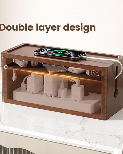 Extra Large Cable Management Box – Brown Double Layer Wooden Cord Organizer with Divider for Desk, TV Stand, Kitchen, and Office （NO Power Strips or Chargers）