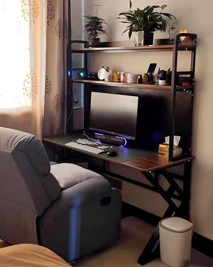31.4in Gaming Desk with Bookshelf Combo, Computer Desk with Pegboard, Large Writing Table with Desktop Shelves, Ample Leg Room, for Home Office (Brown, 31.4in)