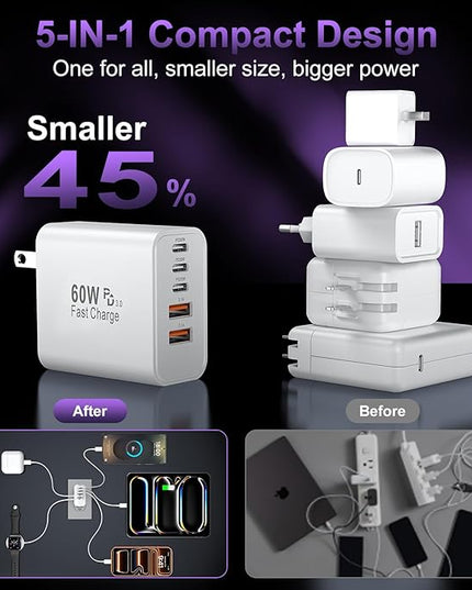 USB C Fast Charger Block, 60W USBC Wall Charger Plug, 2Pack 5-Port Type C Phone Charging Cubes Power Adapter Multiport Brick for iPhone 17/16/15/14/13/12/11/Pro Max/Plus/Air, iPad mini/Pro,Galaxy S25