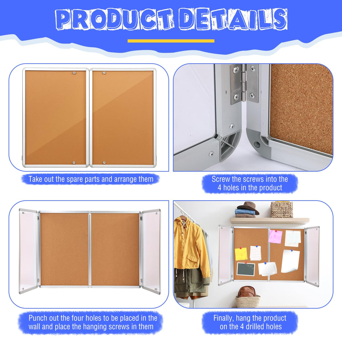 Motipuns Enclosed Bulletin Board 48" x 36" Weatherproof Lockable Outdoor Cork Case Display Board Wall Mounted 2 Locking Door Aluminum Frame for Office, School, Commercial, Hospital, 12 x A4(Wood)