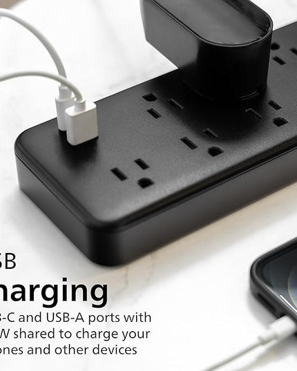 Philips 7-Outlet Surge Protector Power Strip with USB, 1 USB-A, 1 USB-C, 6 Ft Braided Extension Cord, Mutli Plug Outlet Extender, Adapter-Spaced, Charging Station, 15W, 1500 Joules, Black, SPP3703B/37