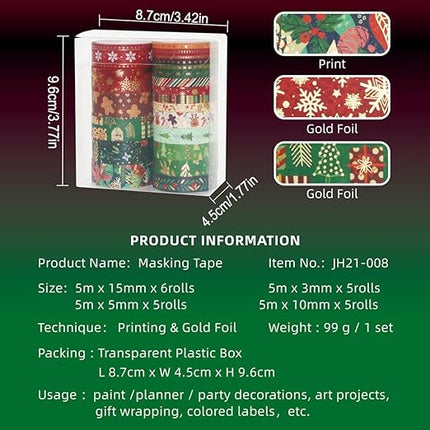YOUQIWJ 21 Rolls Christmas Gold Foil Washi Tape - Holiday Decor with Snowflake, Deer, Tree Designs - Self-Adhesive Tape for DIY Crafts, Wrapping,Scrapbooking Party Favors