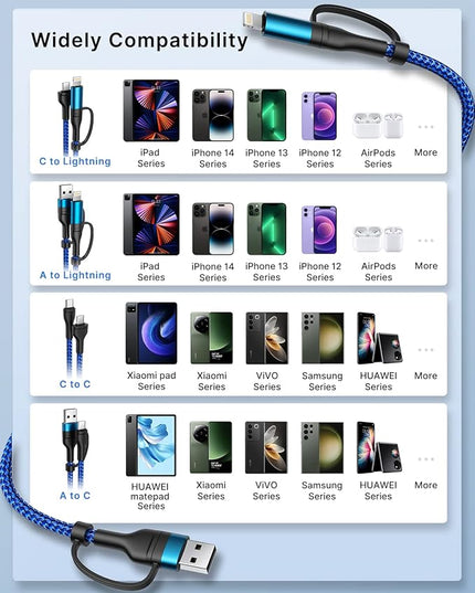 XUDUO 4 in 1 Charging Cable Fast USB C Cable Type C Charger 60W Lightning Cable Adapter USB C to USB C Cable for iPad Charger Fast Multi Charging Cord Fits iPhone 17 16 15/15 Pro/15 Plus/14 Pro Max