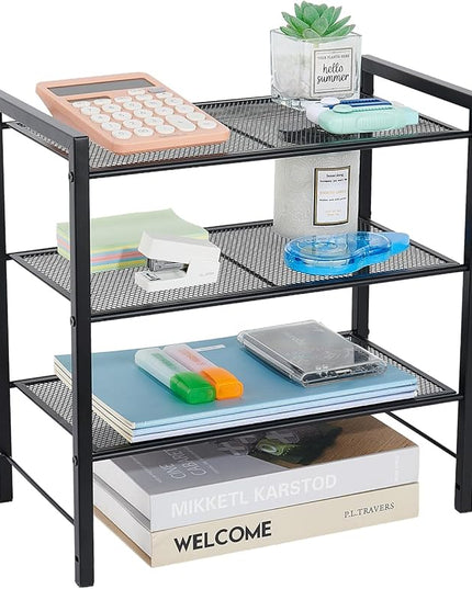 Desktop Shelf Organizer, 3-Tier Office Storage Rack, Adjustable Metal Bookshelf for Top of Desk, Desk Organizer for Office, Home, Dorm and Small Spaces (Black)