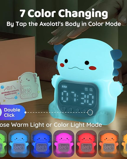 Axolotl Alarm Clock with Night Light for Kids, Rechargeable Silicone Lamp Time to Wake Clock Cute Animal Tabletop Lamp, Perfect Sleep Companion for Boys Girls, Blue